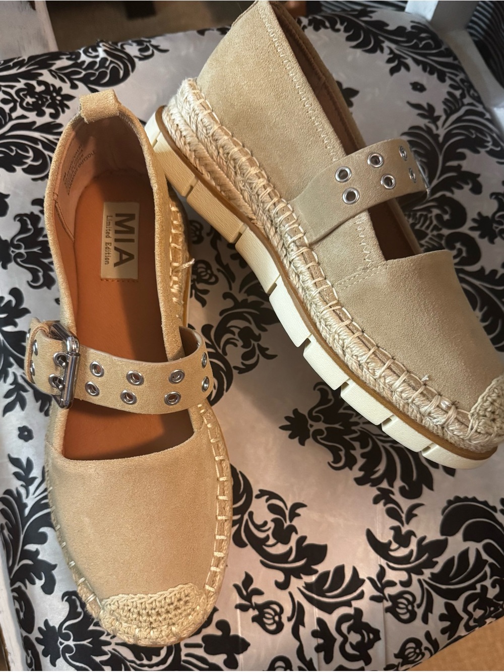MIA Beige Suede Espadrille Mary Jane Mule with Buckle